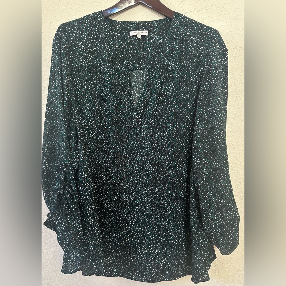 Maison D’Amelie Paris Green Print Blouse Adjustable Sleeves Sz 3X